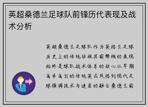 英超桑德兰足球队前锋历代表现及战术分析
