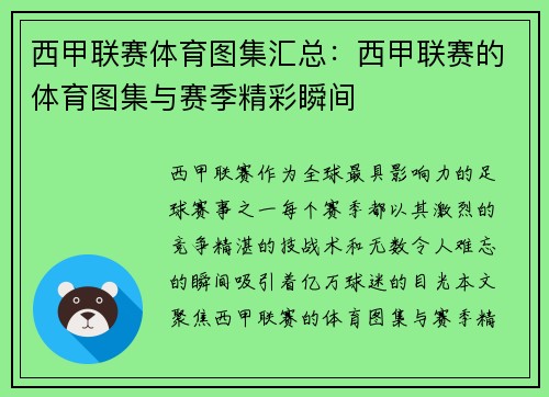 西甲联赛体育图集汇总：西甲联赛的体育图集与赛季精彩瞬间