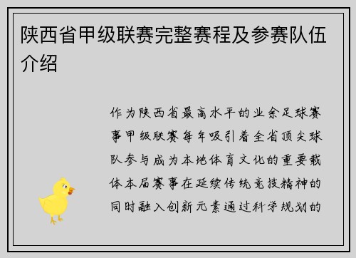 陕西省甲级联赛完整赛程及参赛队伍介绍